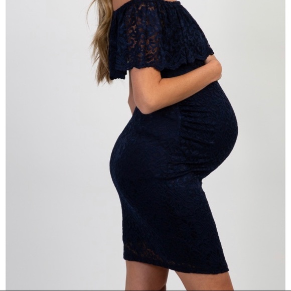 Navy Blue Lace Off Shoulder Fitted Maternity Dress - Picture 2 of 6